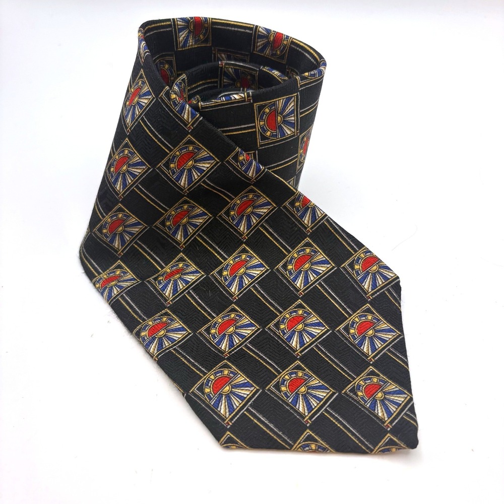 Vtg Oscar de la Renta Silk Tie Art Deco Rising Sun Geometric 90s Corporate Goth